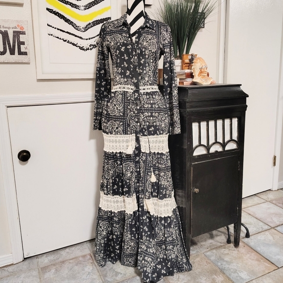 Italian Cotton Madame Urbana Bandana Print Maxi Dress Women's Medium Bohemian - Picture 4 of 12